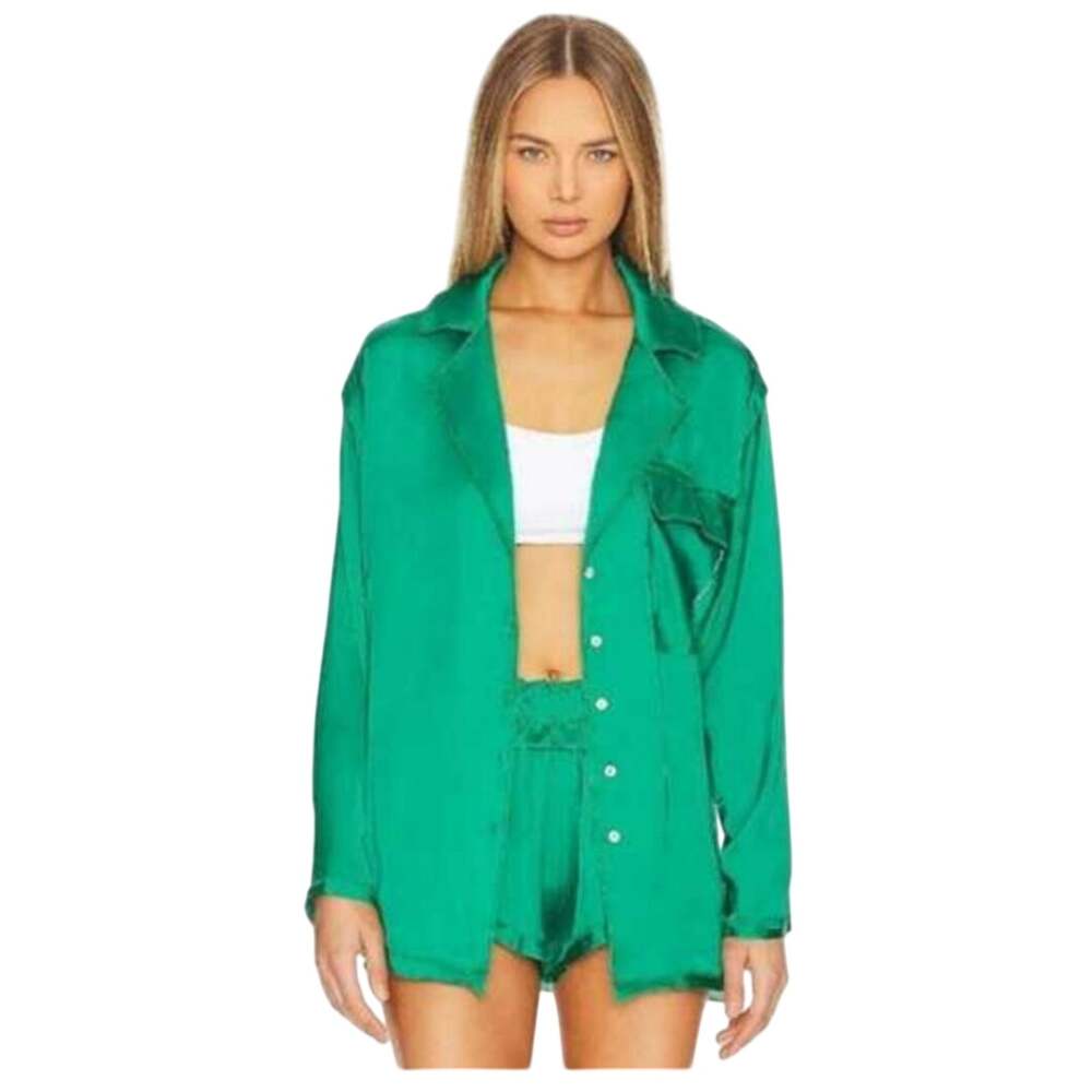 Intimately Free People Mon Amour Embroidered Satin Pajama Top Blouse M Green